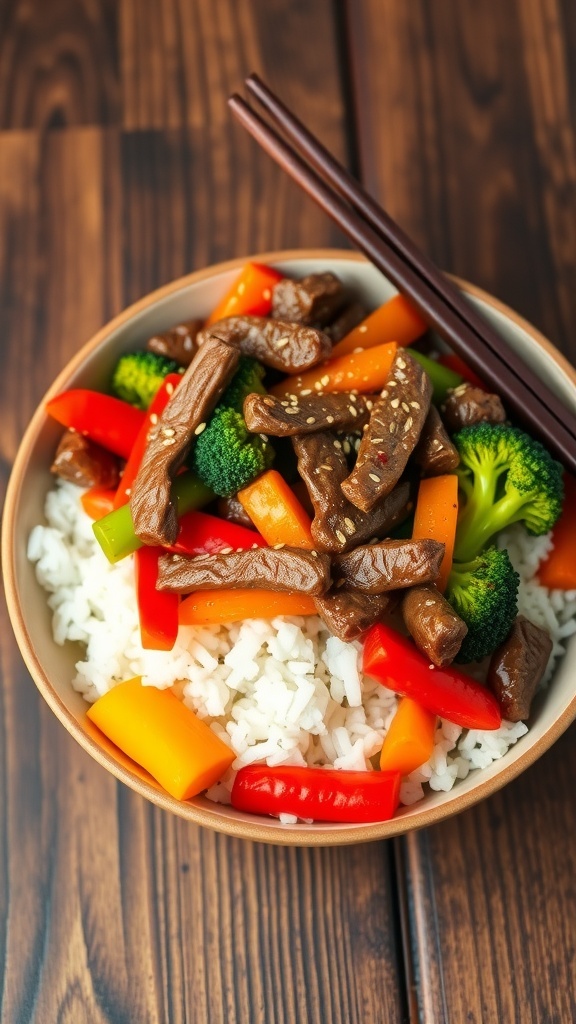 A bowl of Beef and Vegetable Stir-Fry with beef strips, bell peppers, broccoli, and carrots over rice.